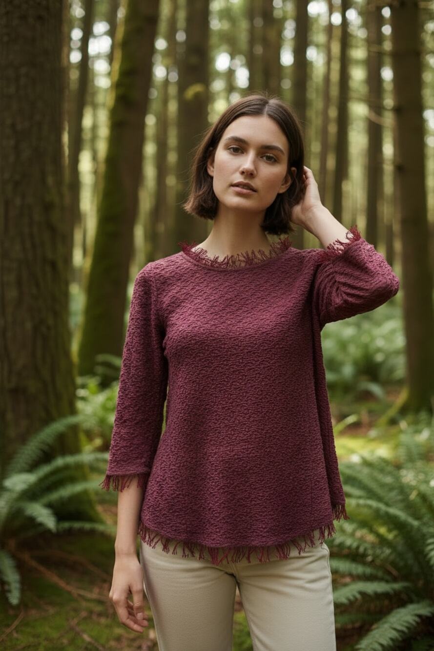 Anthropologie Textured Blouse Burgundy Fringe Detail Boho Chic XS Cottagecore